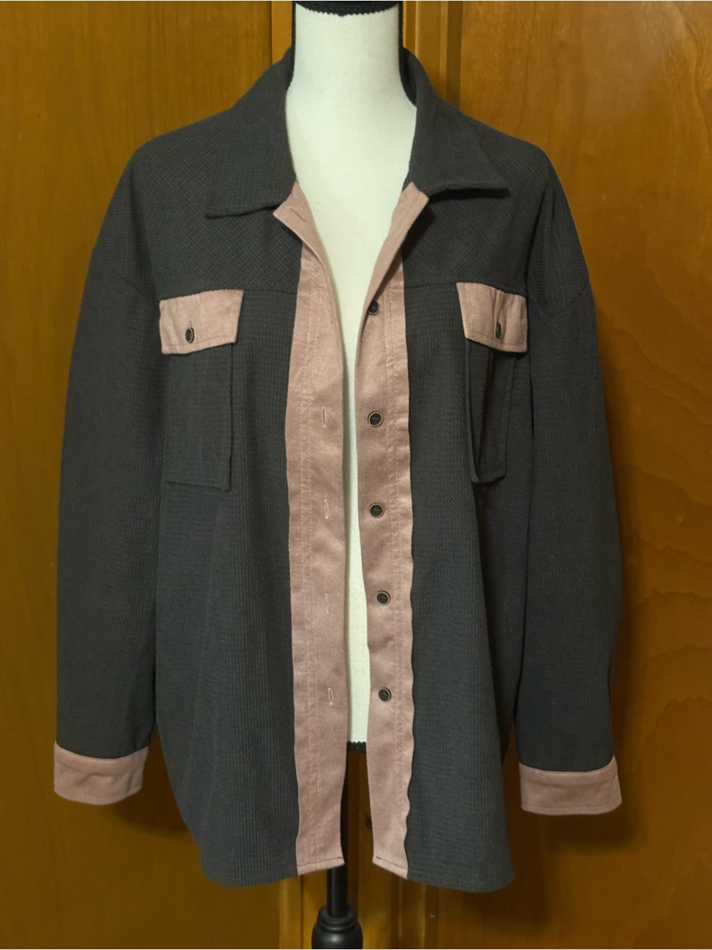 Two-Tone Button Front Shacket - Charcoal & Dusty Rose